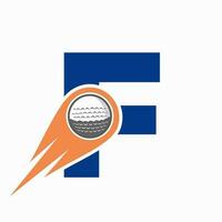 brev f golf logotyp begrepp med rör på sig golf boll ikon. hockey sporter logotyp symbol vektor mall