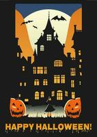 Halloween Party Poster, Vektor Feier Banner, Gruß, Einladung mit Halloween Urlaub mit gruselig Haus Silhouette, Hexe, Kürbisse, Mond und Fledermäuse um.