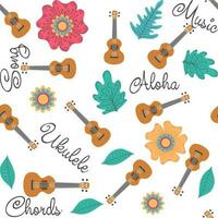 ukulele sömlös mönster, ukulele. mönster med monstera, löv, blommor, anteckningar, inskriptioner vektor