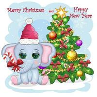 süß Karikatur Elefant, kindisch Charakter im Santa Hut mit Geschenk, Weihnachten Ball oder Süßigkeiten Stock in der Nähe von Weihnachten Baum vektor