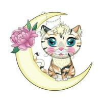 Cartoon-Katze auf dem Mond mit Blumen. niedlicher kindercharakter, symbol des neuen chinesischen jahres 2023 vektor