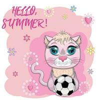 Cartoon-Katze mit einem Fußball. Sommerurlaub. niedlicher kindercharakter, symbol des neuen chinesischen jahres 2023 vektor