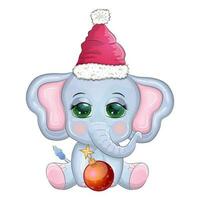 söt tecknad serie elefant, barnslig karaktär med skön ögon bär santa hatt, scarf, innehav gåva, jul boll vektor