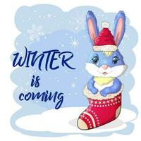 en söt tecknad serie kanin i en santa hatt är Sammanträde i en jul strumpa. vinter- 2023, jul och ny år vektor