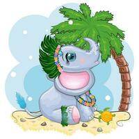 söt tecknad serie elefant, barnslig karaktär med skön ögon i hawaiian kostym, strand och semester vektor