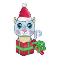 söt tecknad serie katt i en santa hatt i en gåva låda, ny år gåva begrepp. vinter- 2023, jul och kinesisk ny vektor