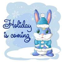 söt tecknad serie kanin i en santa hatt på en bakgrund av snö. vinter- 2023, jul och ny år vektor