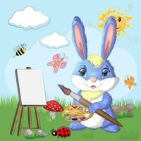 Cartoon-Kaninchen, Hasenkünstler mit Pinsel, Farben, Staffelei. niedlicher kindercharakter, symbol des neuen chinesischen jahres 2023 vektor