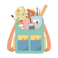 Schule Rucksack mit Schreibwaren. öffnen Schule Tasche mit Hefte und Schreibwaren. farbig eben Vektor Illustration isoliert auf Weiß Hintergrund