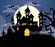 Fröhlicher Halloween-Hintergrund mit Schloss, das auf der Friedhofsszene heimgesucht wird vektor