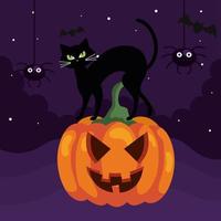 Happy Halloween Banner mit Katze auf Kürbis und Spinnen vektor