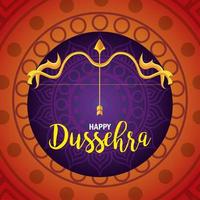 Fröhliches Dussehra-Fest mit goldenem Pfeil und Bogen auf orangefarbenem und violettem Hintergrund vektor