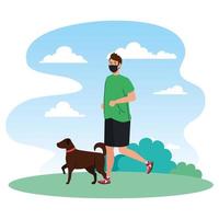 Mann in Sportkleidung mit medizinischer Maske mit Hunde-Outdoor-Prävention Coronavirus Covid 19 vektor