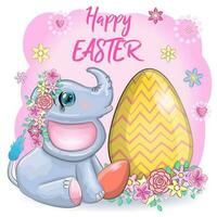 süß Karikatur Elefant, kindisch Charakter mit schön Augen halten ein Ostern Ei. glücklich Ostern vektor