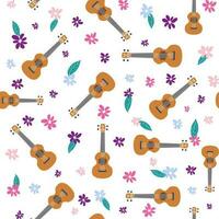 ukulele sömlös mönster, ukulele. mönster med monstera, löv, blommor, anteckningar, inskriptioner vektor