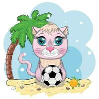 Cartoon-Katze mit einem Fußball. Sommerurlaub. niedlicher kindercharakter, symbol des neuen chinesischen jahres 2023 vektor