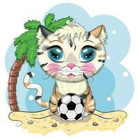 Cartoon-Katze mit einem Fußball. Sommerurlaub. niedlicher kindercharakter, symbol des neuen chinesischen jahres 2023 vektor