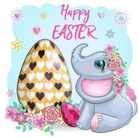 süß Karikatur Elefant, kindisch Charakter mit schön Augen halten ein Ostern Ei. glücklich Ostern vektor