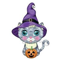 tecknad serie katt i lila häxa hatt med kvast, pumpa, trolldryck. halloween karaktär, affisch. symbol av 2023 vektor