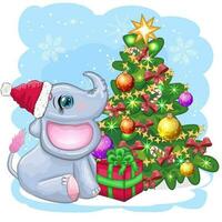 söt tecknad serie elefant, barnslig karaktär i santa hatt med gåva, jul boll eller godis sockerrör nära jul träd vektor