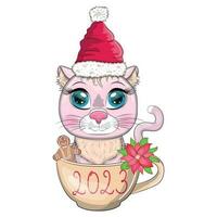 süße Cartoon-Katze in einer Weihnachtsmütze in einer Tasse mit Keksen und einer Inschrift. winter 2023, weihnachten und chinesisch neu vektor
