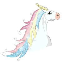 Weiß Einhorn Illustration zum Kinder Design. Regenbogen Haar. isoliert. süß Fantasie Tier. vektor