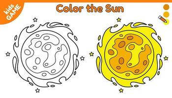 sida av färg bok för ungar. Färg tecknad serie de Sol i Plats. översikt stjärna av sol- systemet. aktivitet för förskola och skola barn. svart och vit och färgrik illustration. vektor design.