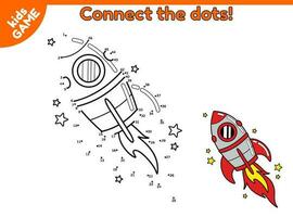 Punkt zu Punkt durch Zahlen Spiel zum Kinder. verbinden das Punkte und zeichnen ein Karikatur fliegend Rakete im Raum. lehrreich Aktivität Buch zum Kinder. Arbeitsblatt zum Vorschule und Schule Bildung. Vektor Raumschiff.