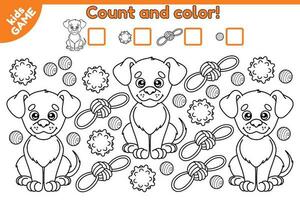 lehrreich Zählen Mathematik Spiel zum Kinder. Berechnung Wie viele Hunde und Hund Spielzeuge. Färbung Seite mit Karikatur süß Hündchen und Hund Spielzeuge. Aktivität zum Vorschule und Schule Kinder. Vektor Illustration.