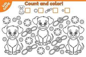 pedagogisk räkning matematik spel för ungar. Beräkna på vilket sätt många hundar och hund leksaker. färg sida med tecknad serie söt valp och hund leksaker. aktivitet för förskola och skola barn. vektor illustration.