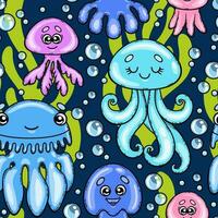 nahtlos bunt Muster mit Karikatur süß Quallen auf Blau Hintergrund. komisch Meer Tiere. Vektor Design auf Marine Thema. perfekt zum Hintergrund, Stoff, Verpackung Papier und andere.