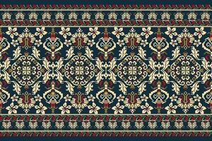 Blumen- Kreuz Stich Stickerei auf Marine Blau hintergrund.geometrisch ethnisch orientalisch Muster traditionell.aztekisch Stil abstrakt Vektor illustration.design zum Textur, Stoff, Kleidung, Verpackung, Dekoration.