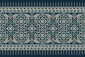 Blumen- Kreuz Stich Stickerei auf Blau hintergrund.geometrisch ethnisch orientalisch Muster traditionell.aztekisch Stil abstrakt Vektor illustration.design zum textur, stoff, kleidung, verpackung, dekoration, schal.