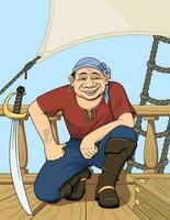 tecknad serie pirat leende och Sammanträde på de fartyg skrivbord. vektor illustration.
