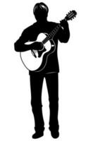 Silhouette von Stehen Mann spielen auf akustisch Gitarre. Vektor Clip Art isoliert auf Weiß.