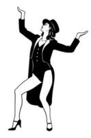 Showgirl Silhouette. Frau im Frack und Hut Tanzen. Vektor Cliparts isoliert auf Weiß.