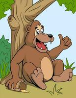 komisch Karikatur Bär Sitzung unter das Baum mit Becher von Honig. Vektor Illustration zum Kinder.