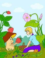 Pilz, Erdbeere und wenig Mädchen. Vektor Illustration zum Kinder.