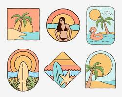 sommar strand semester logotyp bricka illustration samling, minimal resa logotyp vektor bunt