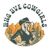 lång leva cowgirls. Västra natur utomhus- bricka logotyp vektor illustration t-shirt design