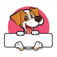 tecknad söt hund med tungan ute med stora tomma vita skyltar på rosa cirkel bakgrund vektor