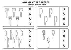 Zählspiel mit schwarzen und weißen Küchenutensilien Mathe-Arbeitsblatt vektor
