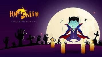 Fröhlicher Halloween-Tag mit Dracula-Vampir-Charakterdesign und Vollmond auf Nachthintergrundvektor