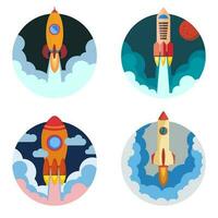 uppsättning av fyra illustrationer med Plats raket fartyg lansera. vektor illustration.