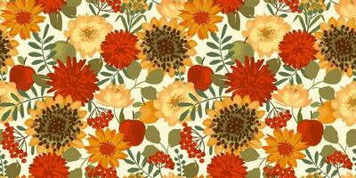 Blumen- nahtlos Muster mit Herbst Blumen, Blätter und Äpfel. Vektor Hintergrund zum verschiedene Oberfläche. Hand gezeichnet Texturen.