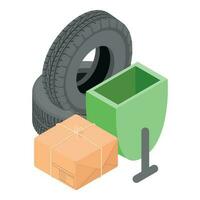 Öko Technologie Symbol isometrisch Vektor. Auto Reifen und Paket Box in der Nähe von Straße Urne vektor