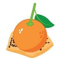 Orange Dessert Symbol isometrisch Vektor. schwarz Sesam Plätzchen in der Nähe von frisch reif Orange vektor