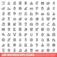 100 mikroskop ikoner uppsättning, översikt stil vektor