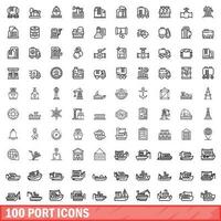 100 hamn ikoner uppsättning, översikt stil vektor