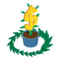 Investition Wachstum Symbol isometrisch Vektor. Dollar Zeichen im Blume Topf Grün Ast vektor